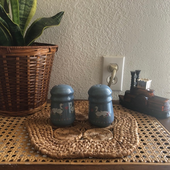 Set of Blue Cottagecore Goose Salt & Pepper Shakers with Flower Border - Picture 4 of 7